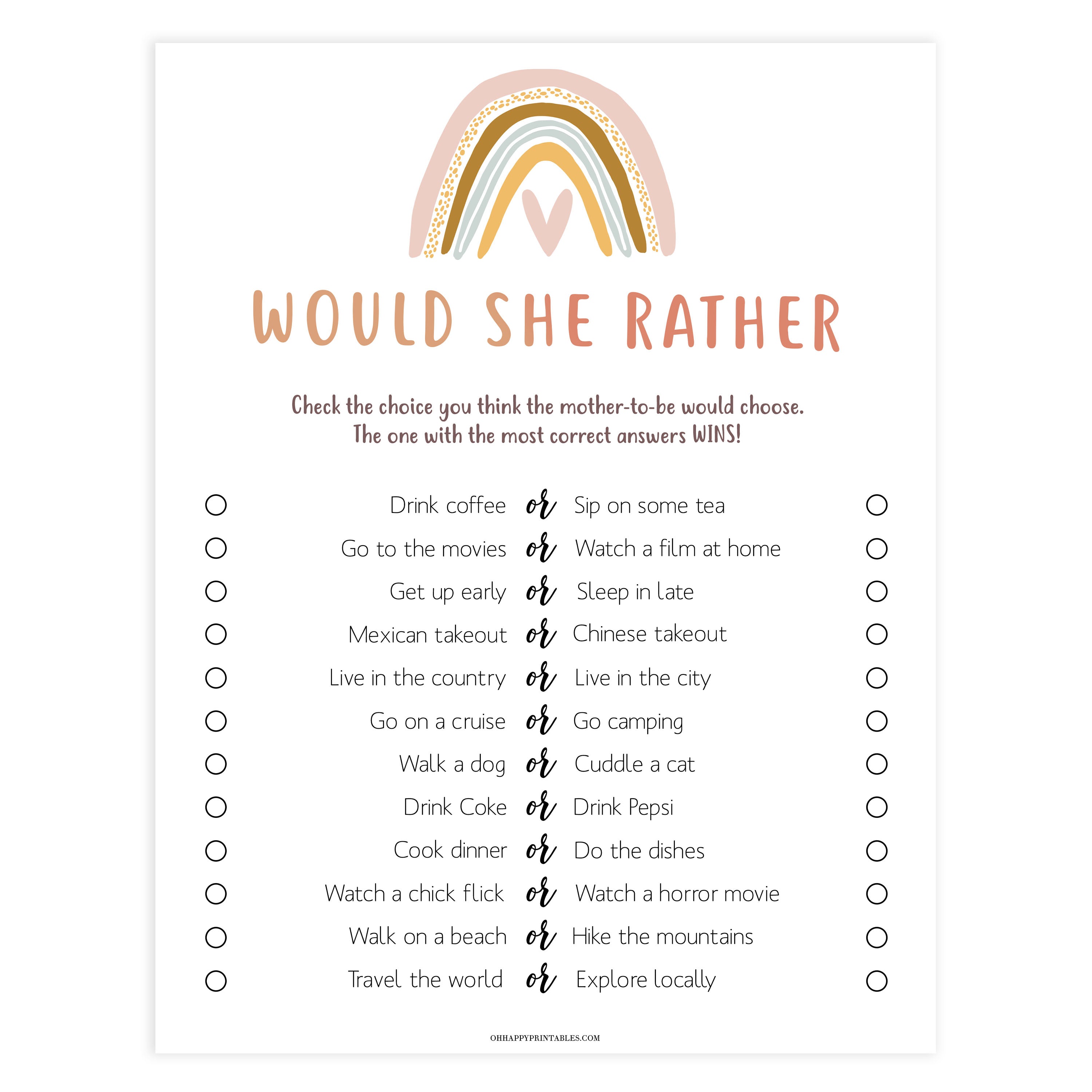 Would She Rather - Printable Rainbow Baby Shower Games