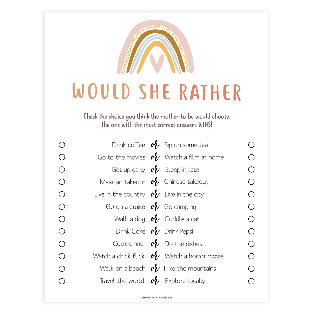 would she rather baby shower game, Printable baby shower games, boho rainbow baby games, baby shower games, fun baby shower ideas, top baby shower ideas, boho rainbow baby shower, baby shower games, fun boho rainbow baby shower ideas