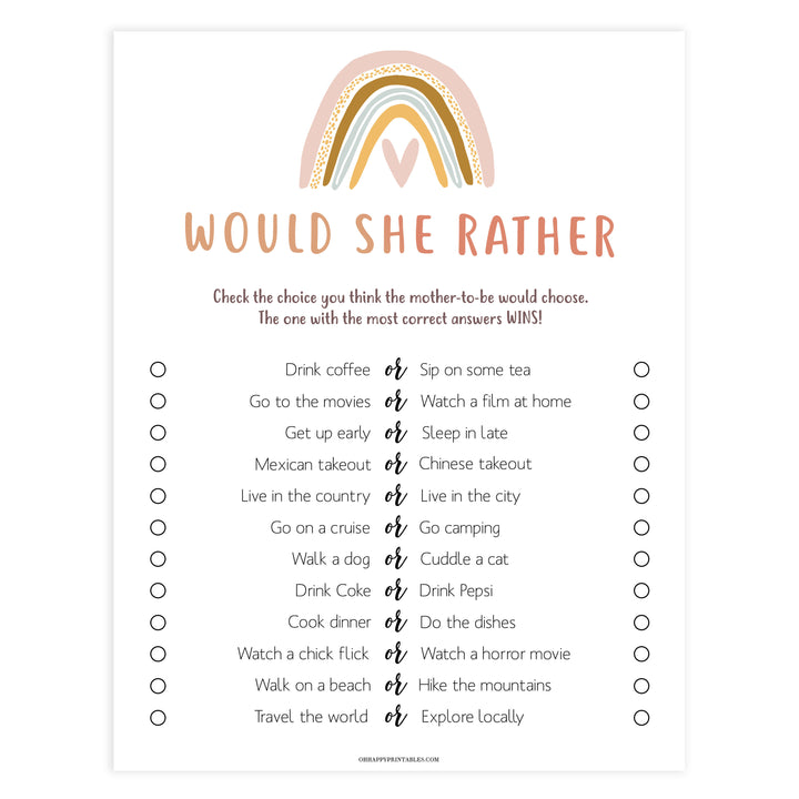 would she rather baby shower game, Printable baby shower games, boho rainbow baby games, baby shower games, fun baby shower ideas, top baby shower ideas, boho rainbow baby shower, baby shower games, fun boho rainbow baby shower ideas