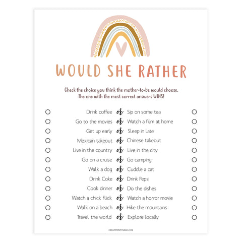 would she rather baby shower game, Printable baby shower games, boho rainbow baby games, baby shower games, fun baby shower ideas, top baby shower ideas, boho rainbow baby shower, baby shower games, fun boho rainbow baby shower ideas