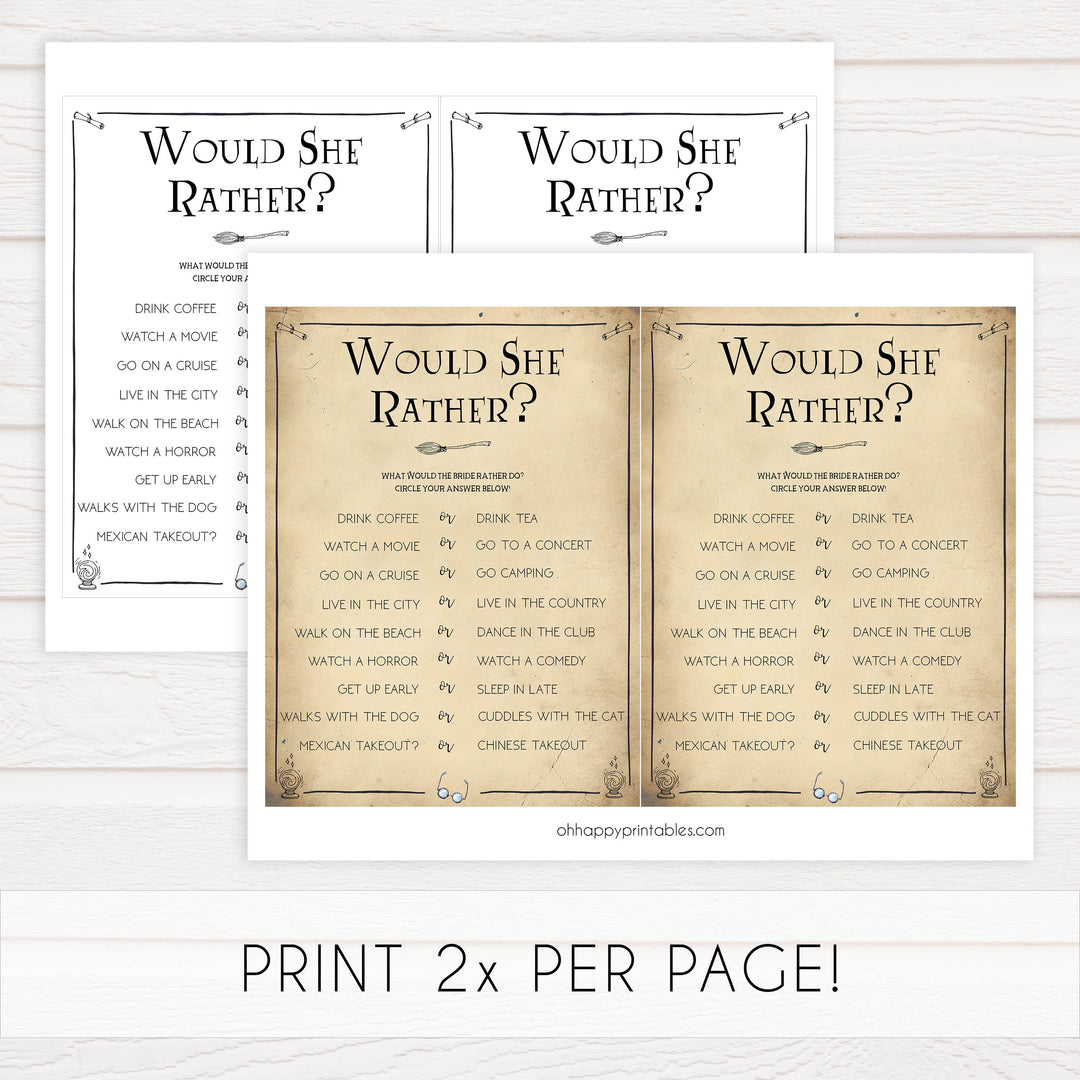 would she rather bridal game, Printable bridal shower games, Harry potter bridal shower, Harry Potter bridal shower games, fun bridal shower games, bridal shower game ideas, Harry Potter bridal shower