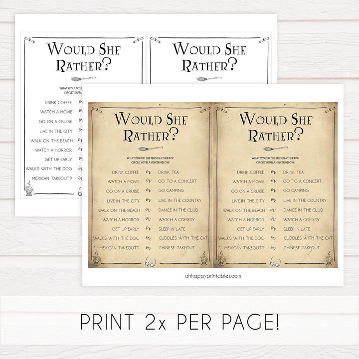 would she rather bridal game, Printable bridal shower games, Harry potter bridal shower, Harry Potter bridal shower games, fun bridal shower games, bridal shower game ideas, Harry Potter bridal shower