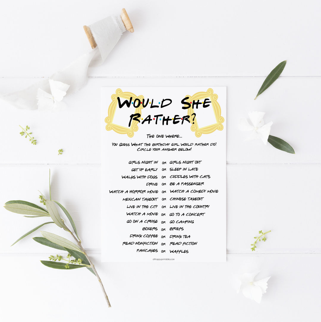 friends birthday games, would she rather birthday game, printable birthday games, friends theme birthday