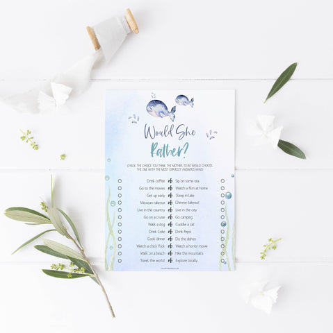 would she rather baby game, Printable baby shower games, whale baby games, baby shower games, fun baby shower ideas, top baby shower ideas, whale baby shower, baby shower games, fun whale baby shower ideas