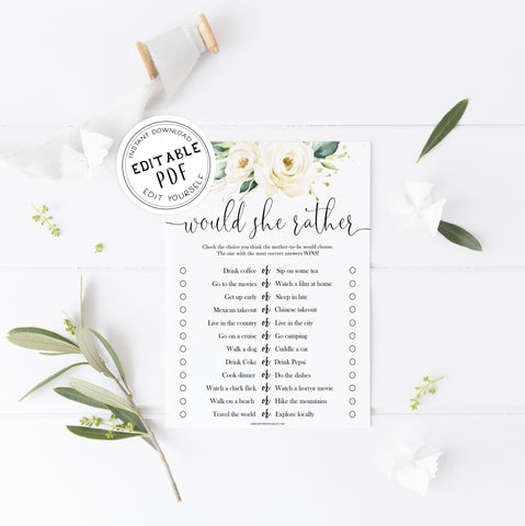 Editable would she rather game, Printable baby shower games, shite floral baby games, baby shower games, fun baby shower ideas, top baby shower ideas, floral baby shower, baby shower games, fun floral baby shower ideas
