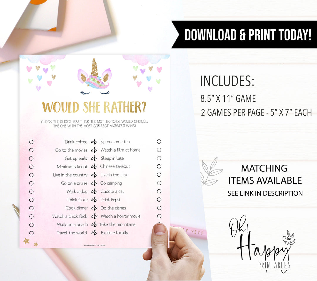 would she rather baby game, Printable baby shower games, unicorn baby games, baby shower games, fun baby shower ideas, top baby shower ideas, unicorn baby shower, baby shower games, fun unicorn baby shower ideas