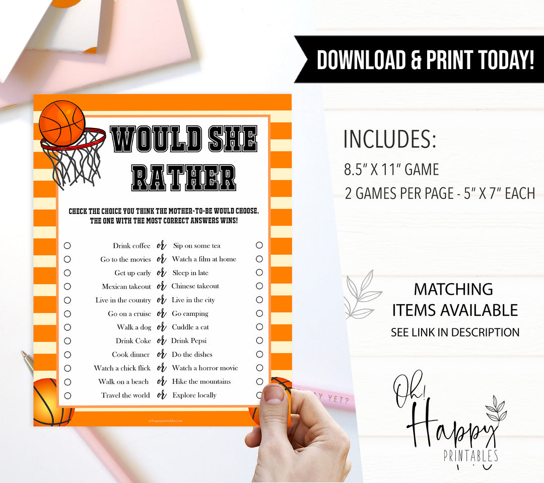 baby would she rather, would she rather game, Printable baby shower games, basketball fun baby games, baby shower games, fun baby shower ideas, top baby shower ideas, basketball baby shower, basketball baby shower ideas