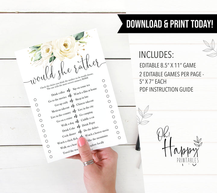 Editable would she rather game, Printable baby shower games, shite floral baby games, baby shower games, fun baby shower ideas, top baby shower ideas, floral baby shower, baby shower games, fun floral baby shower ideas