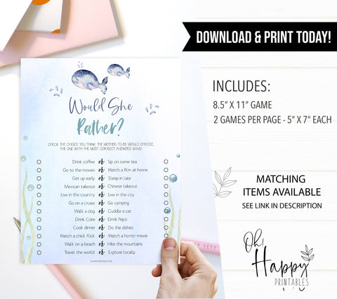 would she rather baby game, Printable baby shower games, whale baby games, baby shower games, fun baby shower ideas, top baby shower ideas, whale baby shower, baby shower games, fun whale baby shower ideas
