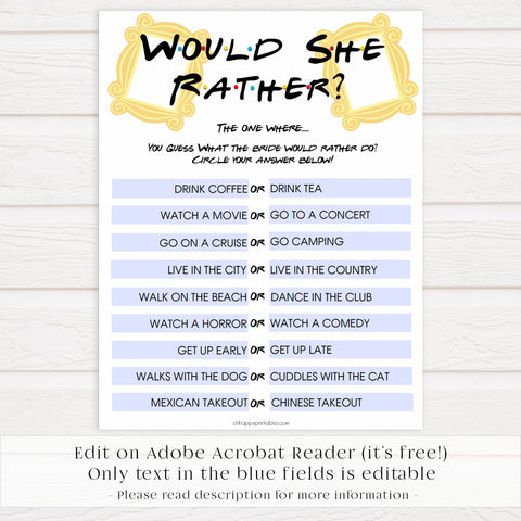 Would She Rather Bridal Game Friends Printable Bridal Games