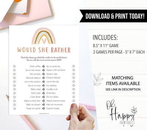 would she rather baby shower game, Printable baby shower games, boho rainbow baby games, baby shower games, fun baby shower ideas, top baby shower ideas, boho rainbow baby shower, baby shower games, fun boho rainbow baby shower ideas