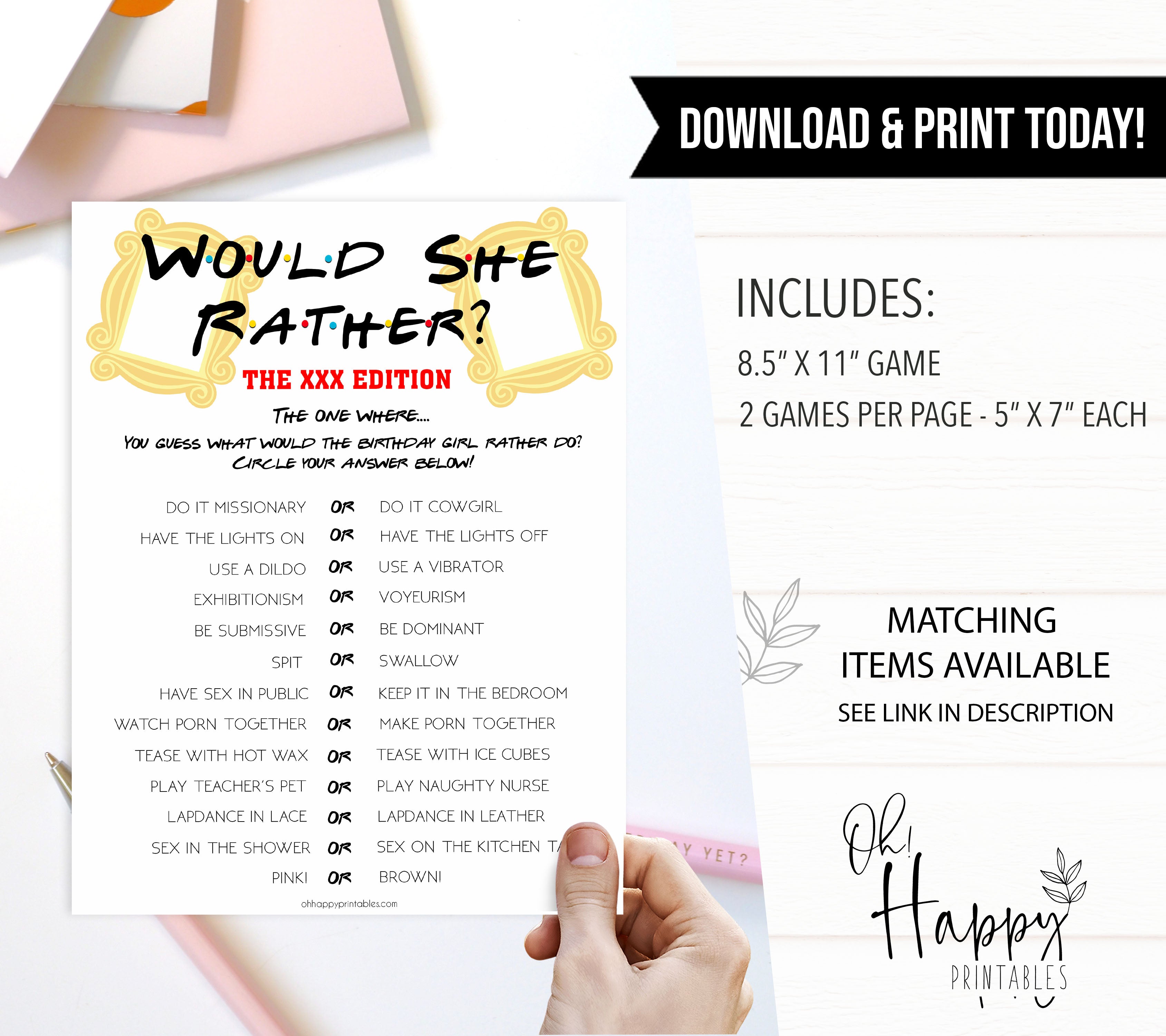 friends birthday games, friends would she rather, would she rather naught edition, would she rather birthday game, printable birthday games