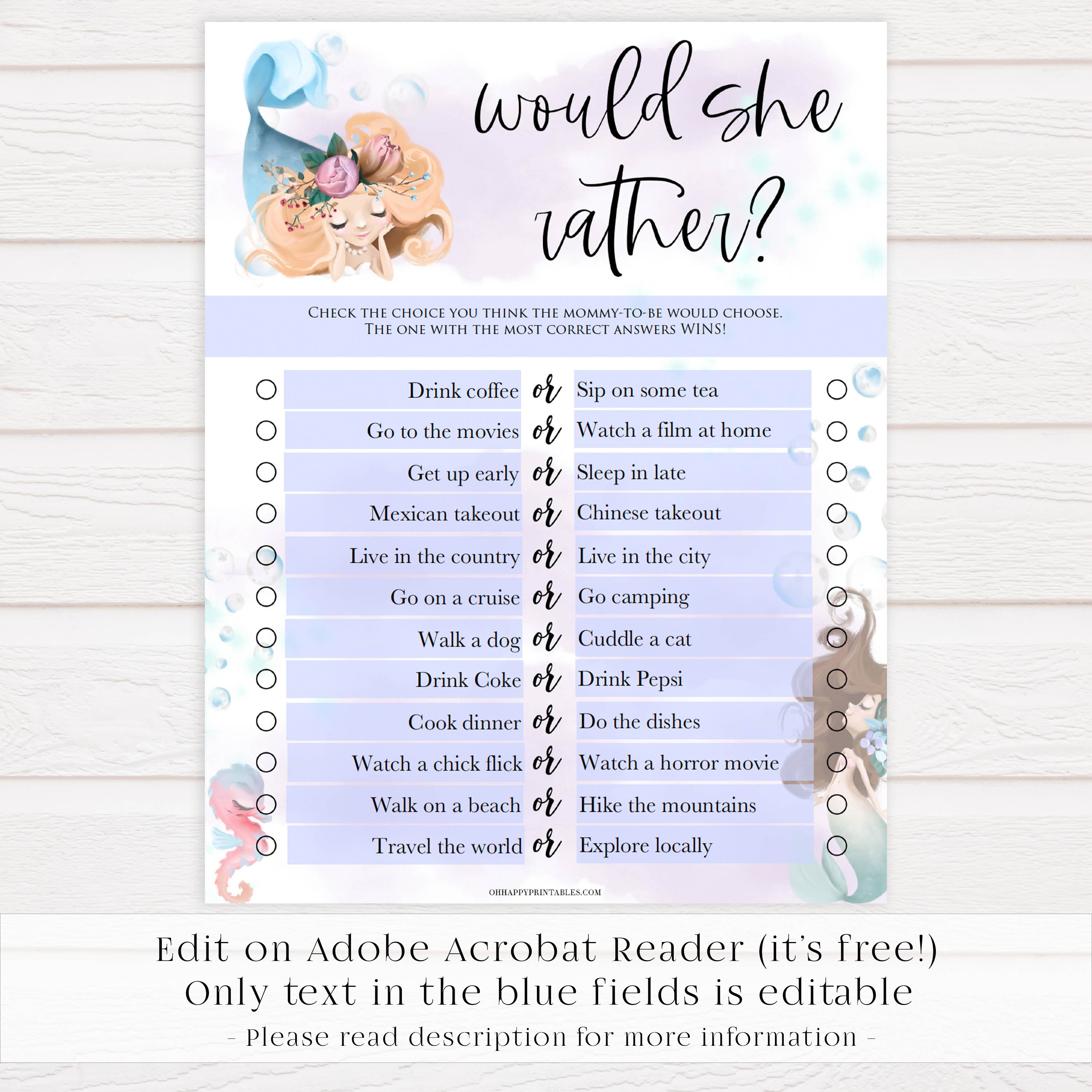 would she rather baby game, Printable baby shower games, little mermaid baby games, baby shower games, fun baby shower ideas, top baby shower ideas, little mermaid baby shower, baby shower games, pink hearts baby shower ideas