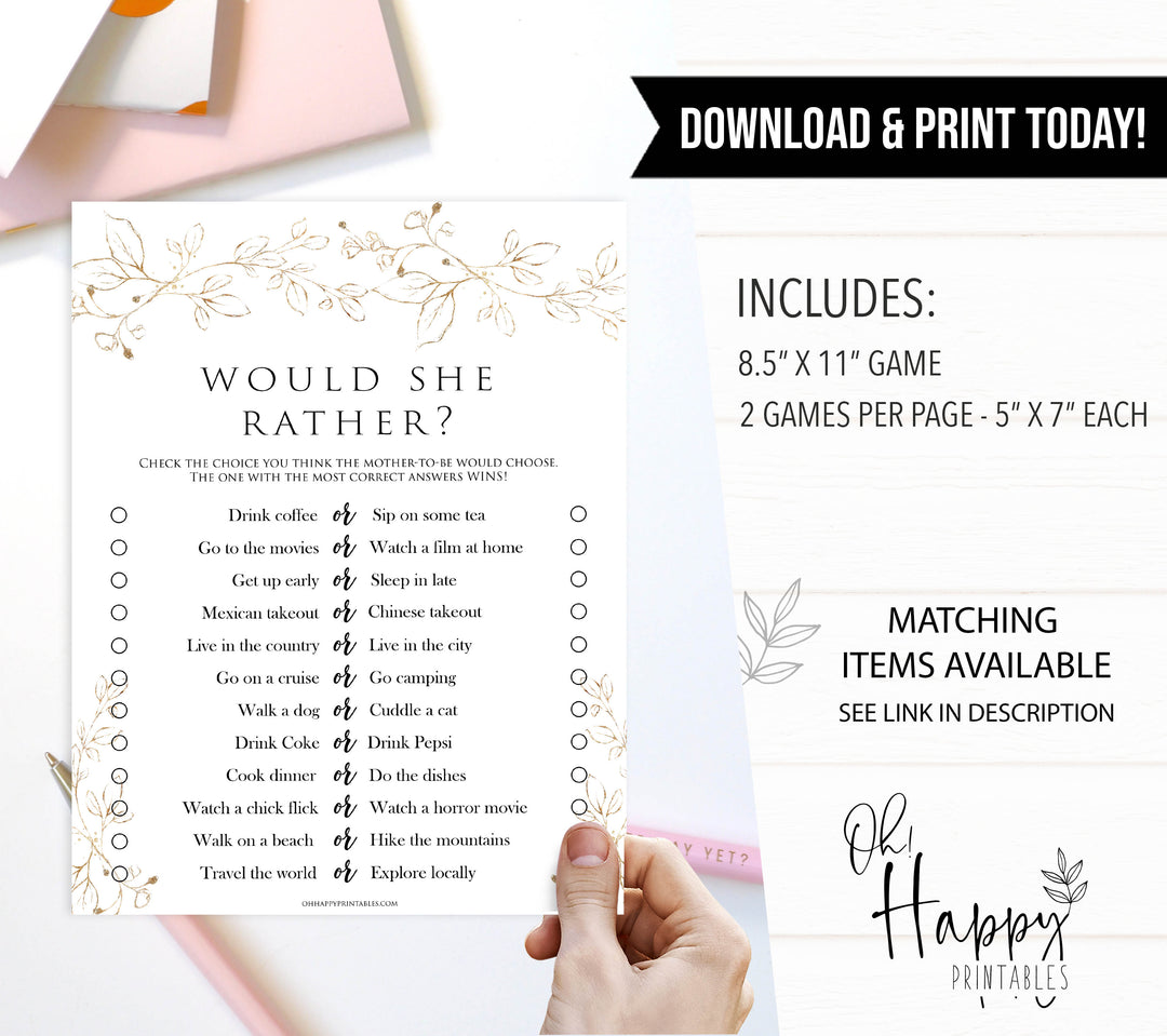 would she rather baby game, Printable baby shower games, gold leaf baby games, baby shower games, fun baby shower ideas, top baby shower ideas, gold leaf baby shower, baby shower games, fun gold leaf baby shower ideas