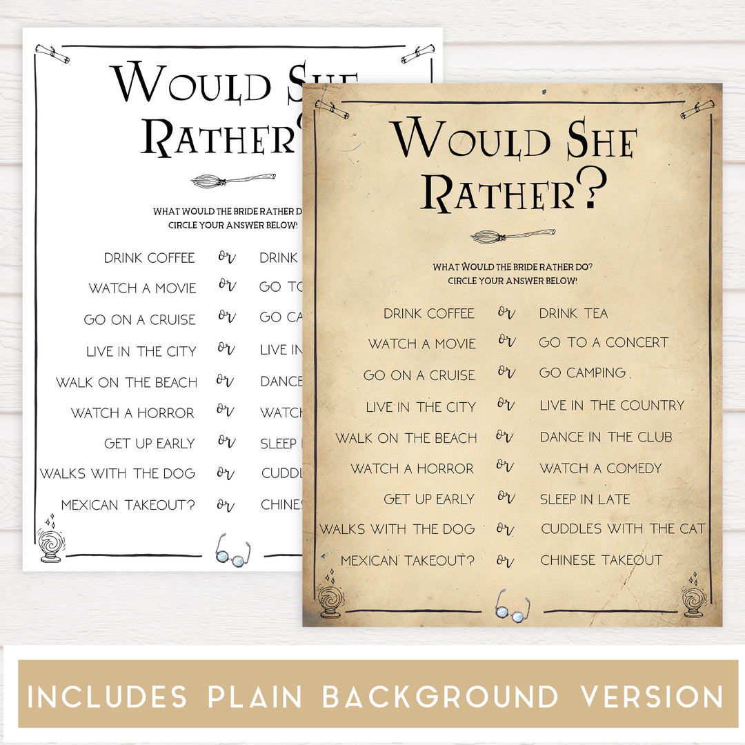 would she rather bridal game, Printable bridal shower games, Harry potter bridal shower, Harry Potter bridal shower games, fun bridal shower games, bridal shower game ideas, Harry Potter bridal shower