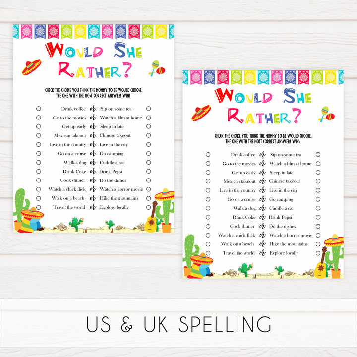 would she rather game, Printable baby shower games, Mexican fiesta fun baby games, baby shower games, fun baby shower ideas, top baby shower ideas, fiesta shower baby shower, fiesta baby shower ideas