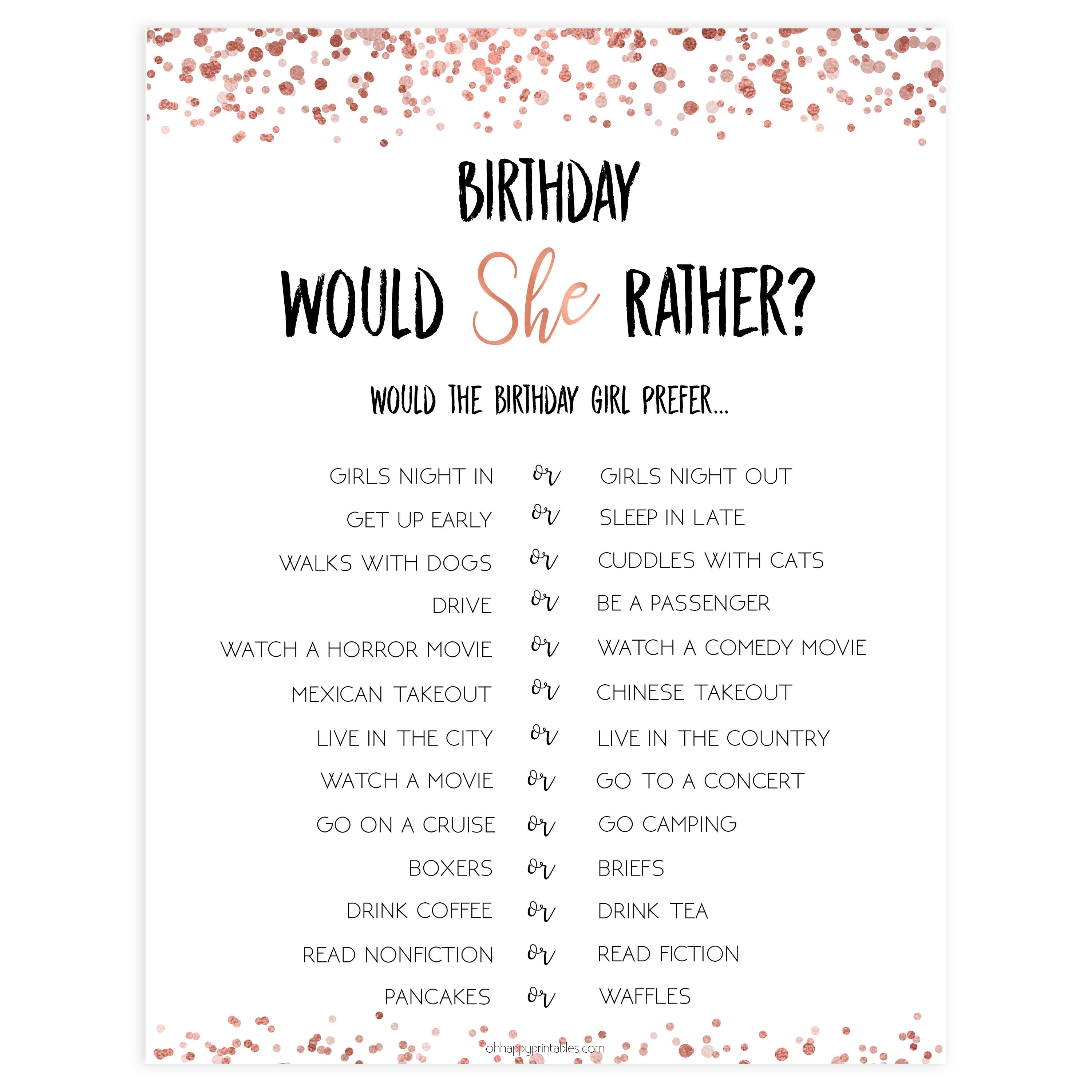 birthday would she rather game, birthday games, printable birthday games, rose gold birthday games, would she rather game