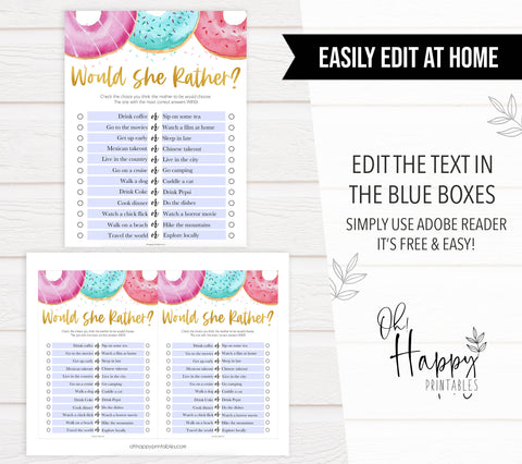 Editable baby games, would she rather baby game, Printable baby shower games, donut baby games, baby shower games, fun baby shower ideas, top baby shower ideas, donut sprinkles baby shower, baby shower games, fun donut baby shower ideas