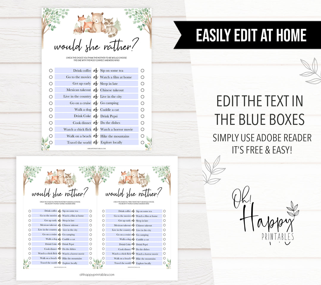 would she rather baby game, Printable baby shower games, woodland animals baby games, baby shower games, fun baby shower ideas, top baby shower ideas, woodland baby shower, baby shower games, fun woodland animals baby shower ideas