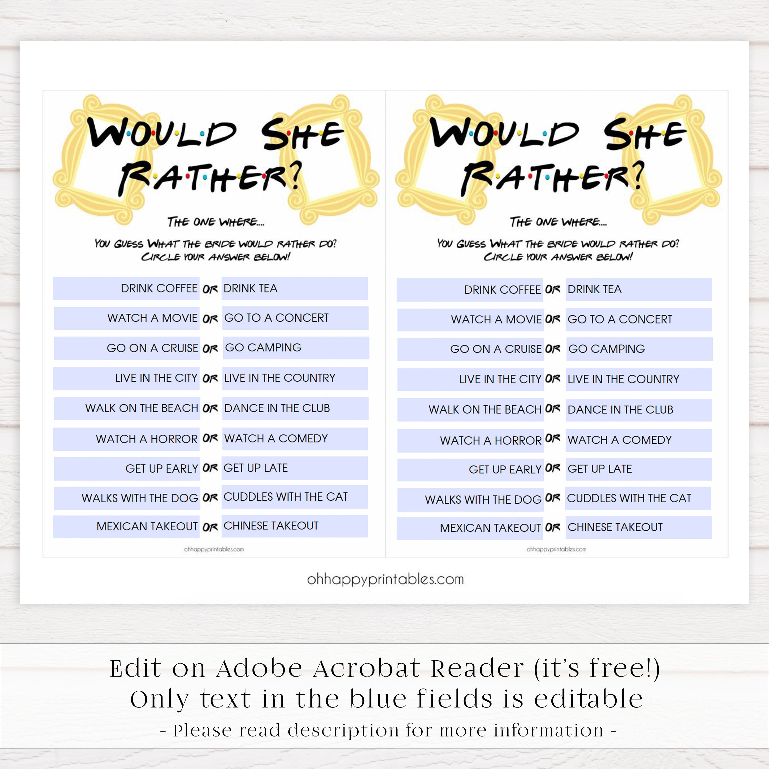 bridal would she rather, would she rather, Printable bridal shower games, friends bridal shower, friends bridal shower games, fun bridal shower games, bridal shower game ideas, friends bridal shower