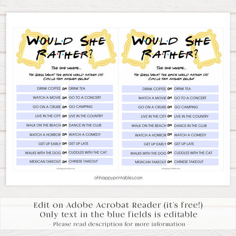 bridal would she rather, would she rather, Printable bridal shower games, friends bridal shower, friends bridal shower games, fun bridal shower games, bridal shower game ideas, friends bridal shower