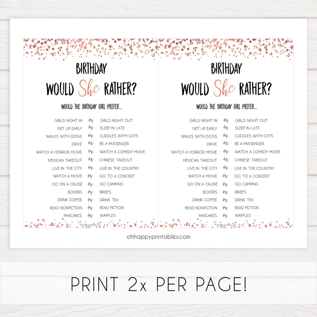 birthday would she rather game, birthday games, printable birthday games, rose gold birthday games, would she rather game