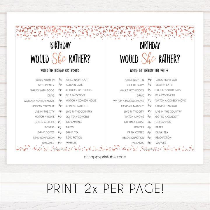 birthday would she rather game, birthday games, printable birthday games, rose gold birthday games, would she rather game