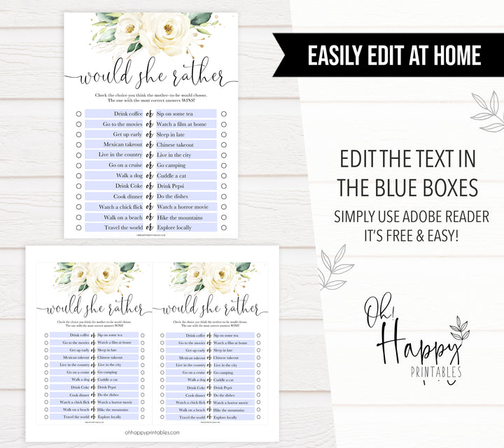 Editable would she rather game, Printable baby shower games, shite floral baby games, baby shower games, fun baby shower ideas, top baby shower ideas, floral baby shower, baby shower games, fun floral baby shower ideas