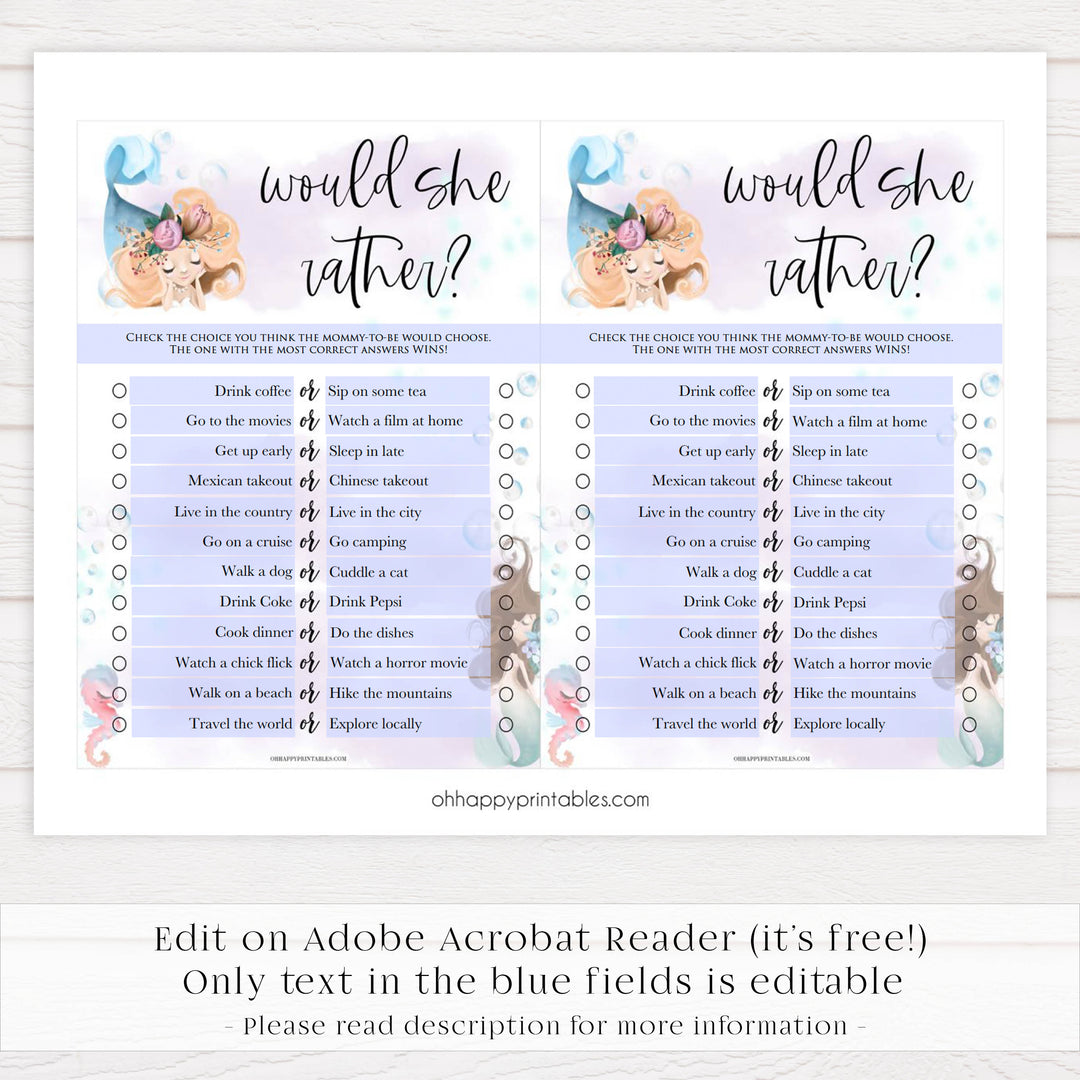 would she rather baby game, Printable baby shower games, little mermaid baby games, baby shower games, fun baby shower ideas, top baby shower ideas, little mermaid baby shower, baby shower games, pink hearts baby shower ideas