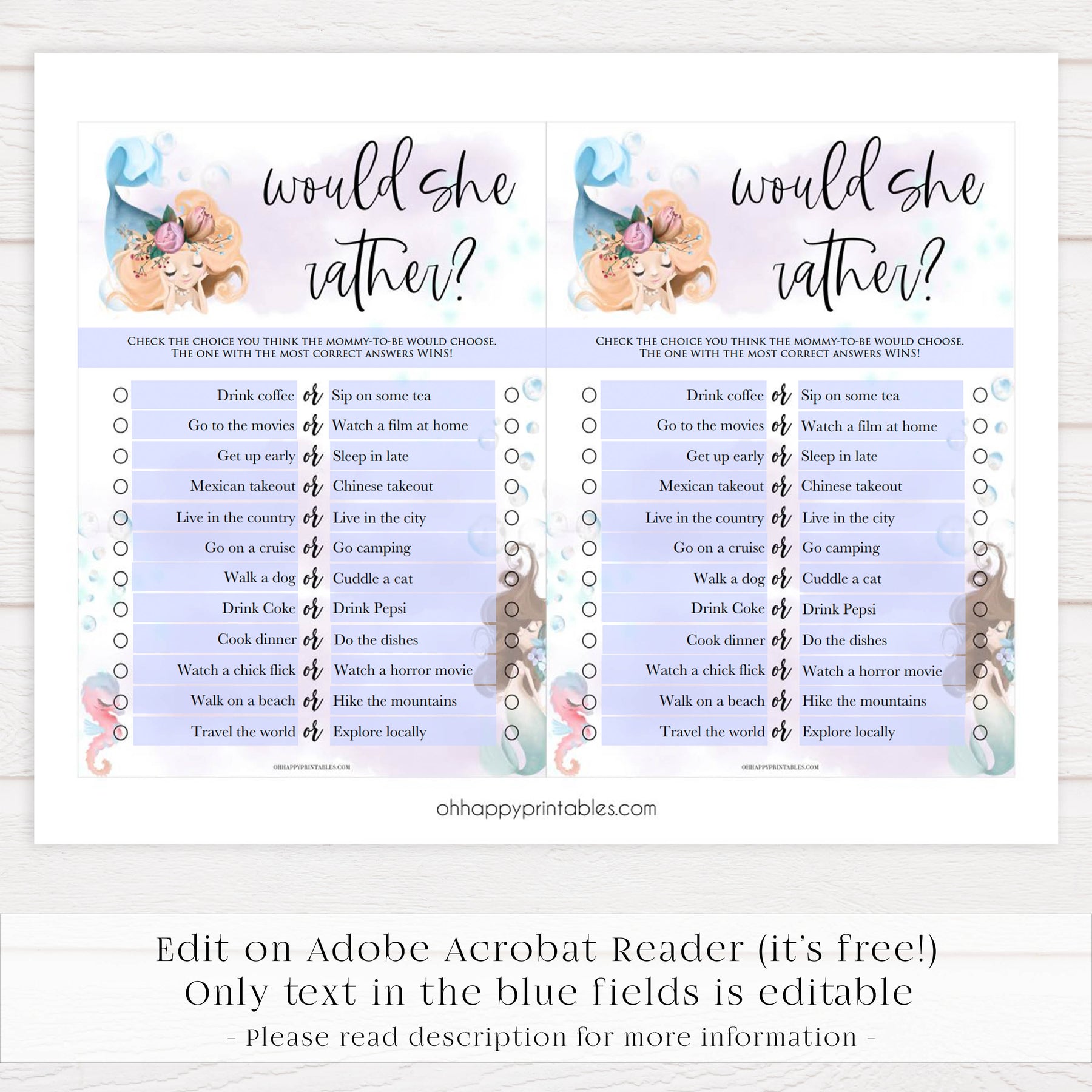 would she rather baby game, Printable baby shower games, little mermaid baby games, baby shower games, fun baby shower ideas, top baby shower ideas, little mermaid baby shower, baby shower games, pink hearts baby shower ideas
