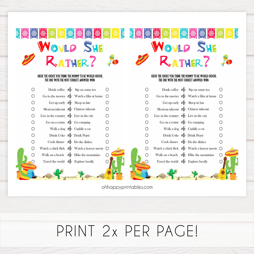 would she rather game, Printable baby shower games, Mexican fiesta fun baby games, baby shower games, fun baby shower ideas, top baby shower ideas, fiesta shower baby shower, fiesta baby shower ideas