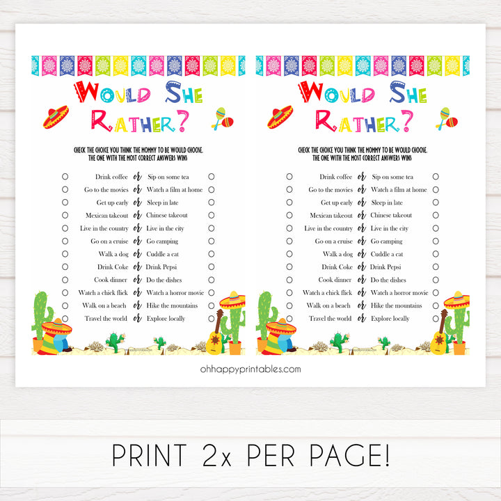 would she rather game, Printable baby shower games, Mexican fiesta fun baby games, baby shower games, fun baby shower ideas, top baby shower ideas, fiesta shower baby shower, fiesta baby shower ideas