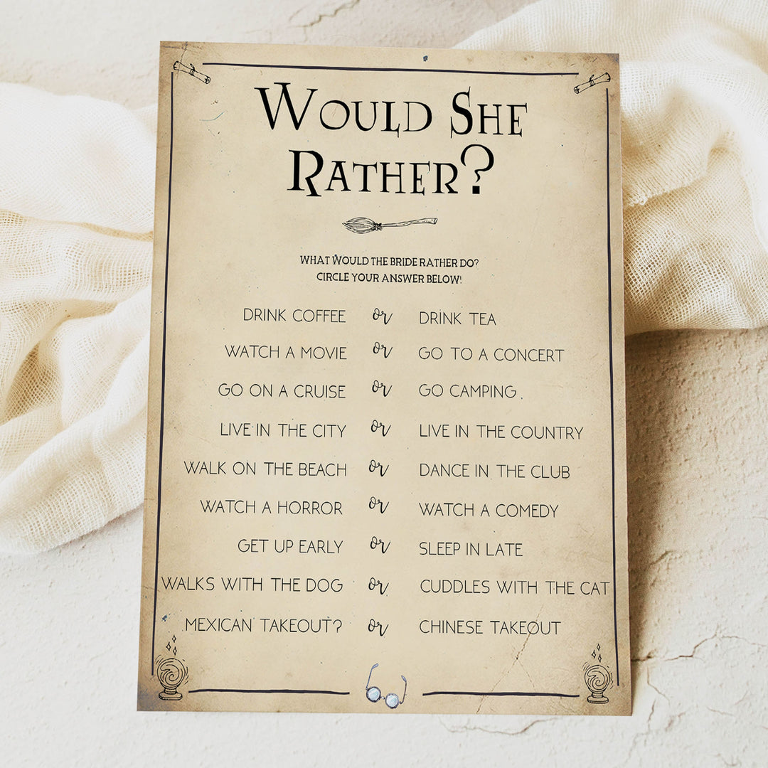 would she rather bridal game, Printable bridal shower games, Harry potter bridal shower, Harry Potter bridal shower games, fun bridal shower games, bridal shower game ideas, Harry Potter bridal shower