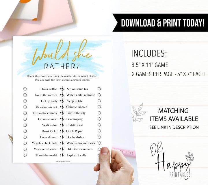 baby would she rather game, printable baby games, blue baby shower games, fun baby games, baby shower ideas