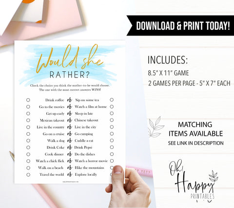 baby would she rather game, printable baby games, blue baby shower games, fun baby games, baby shower ideas