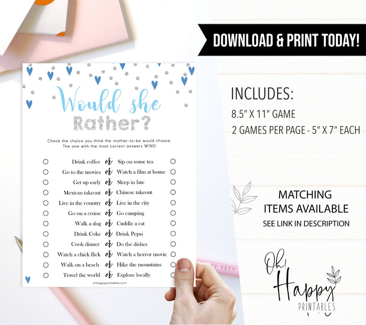 Would She Rather Baby Game, Would She Rather, Printable baby shower games, small blue hearts fun baby games, baby shower games, fun baby shower ideas, top baby shower ideas, silver baby shower, blue hearts baby shower ideas