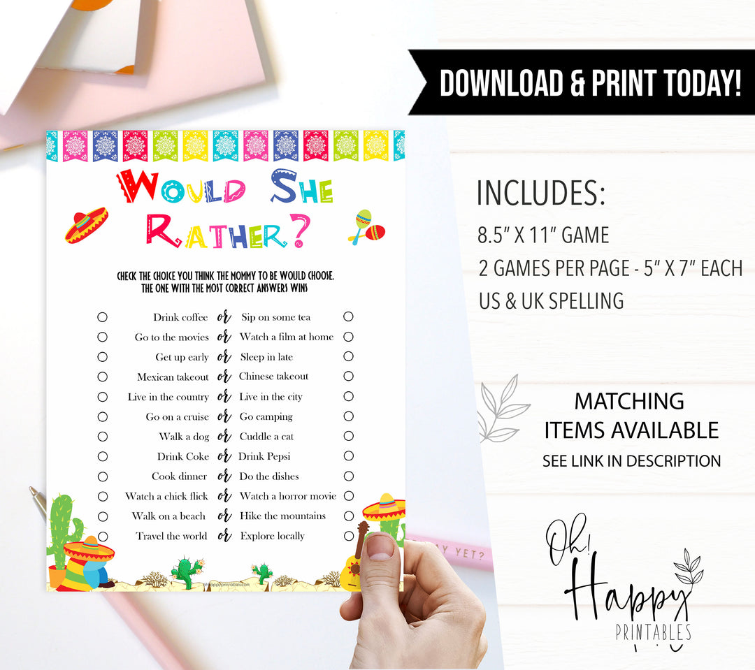 would she rather game, Printable baby shower games, Mexican fiesta fun baby games, baby shower games, fun baby shower ideas, top baby shower ideas, fiesta shower baby shower, fiesta baby shower ideas