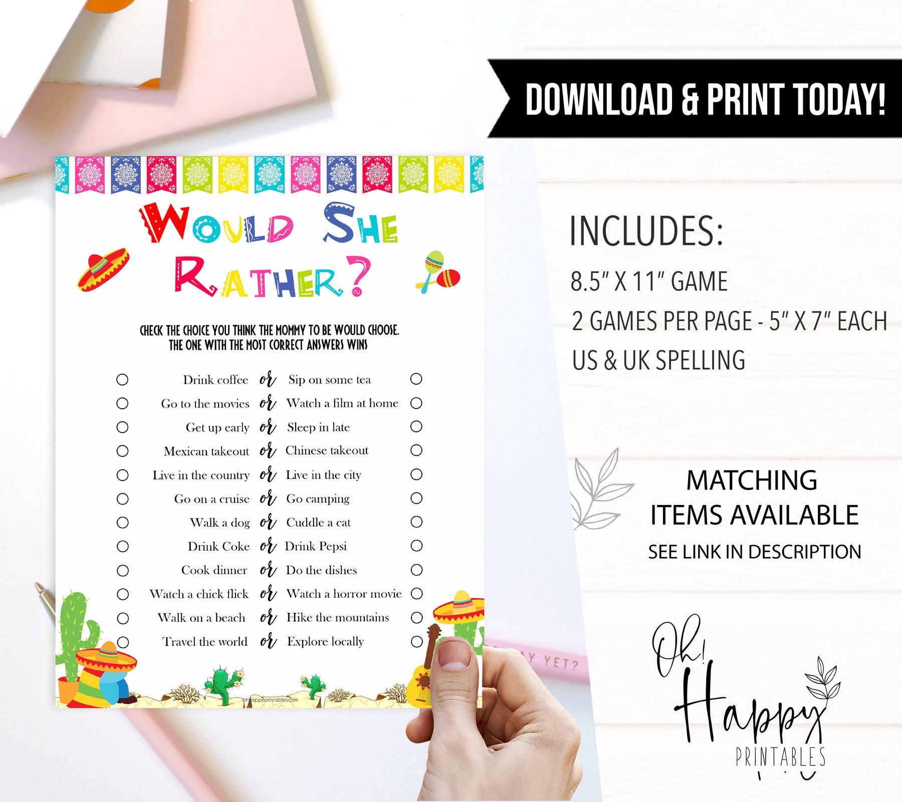 would she rather game, Printable baby shower games, Mexican fiesta fun baby games, baby shower games, fun baby shower ideas, top baby shower ideas, fiesta shower baby shower, fiesta baby shower ideas