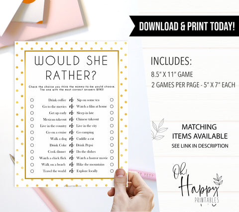 would she rather game, baby would she rather, Printable baby shower games, baby gold dots fun baby games, baby shower games, fun baby shower ideas, top baby shower ideas, gold glitter shower baby shower, friends baby shower ideas