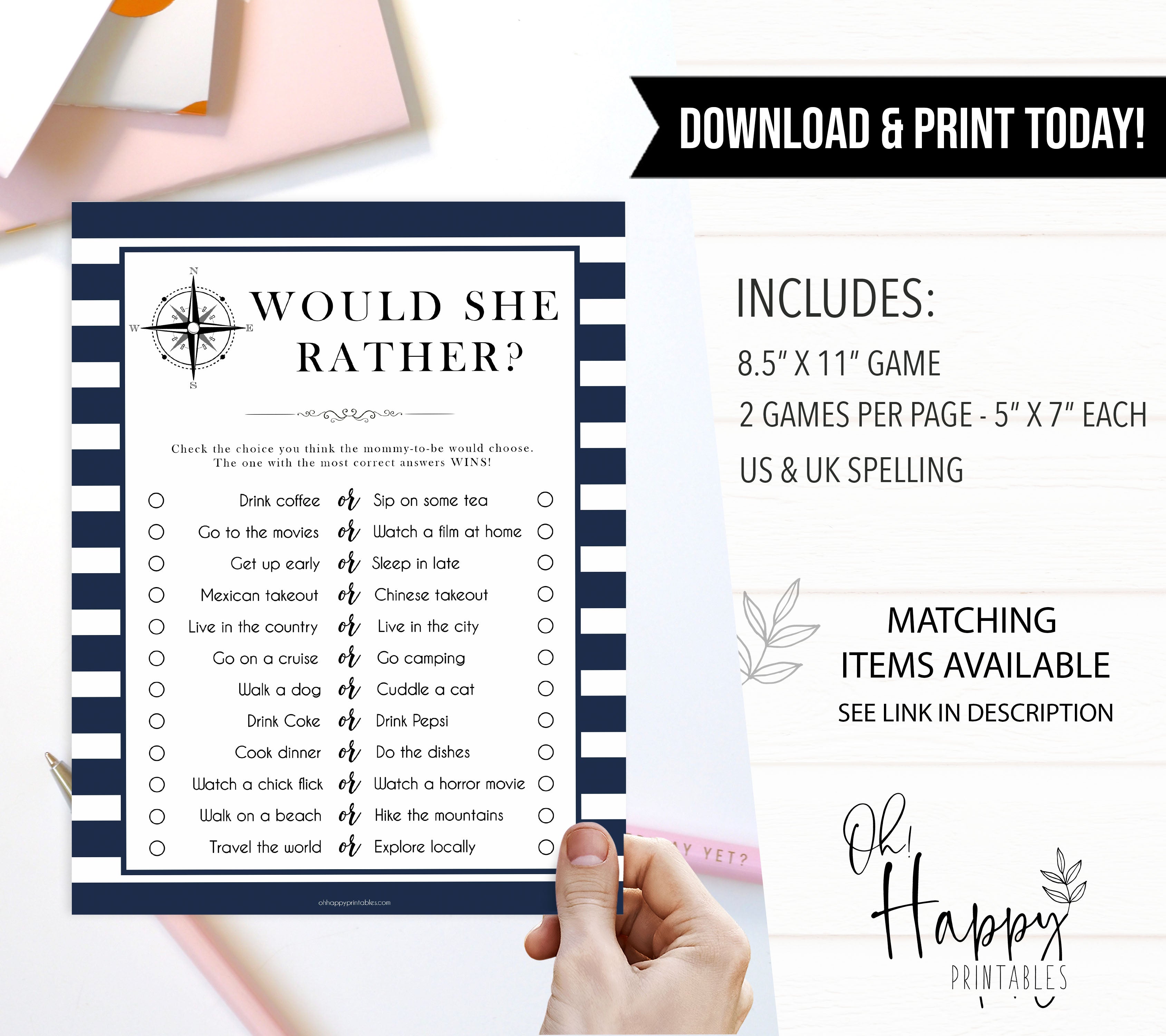 Would She Rather game, would she rather printable, Printable baby shower games, nautical baby shower games, nautical baby games, fun baby shower games, top baby shower ideas
