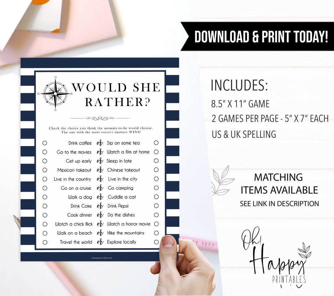 Would She Rather game, would she rather printable, Printable baby shower games, nautical baby shower games, nautical baby games, fun baby shower games, top baby shower ideas