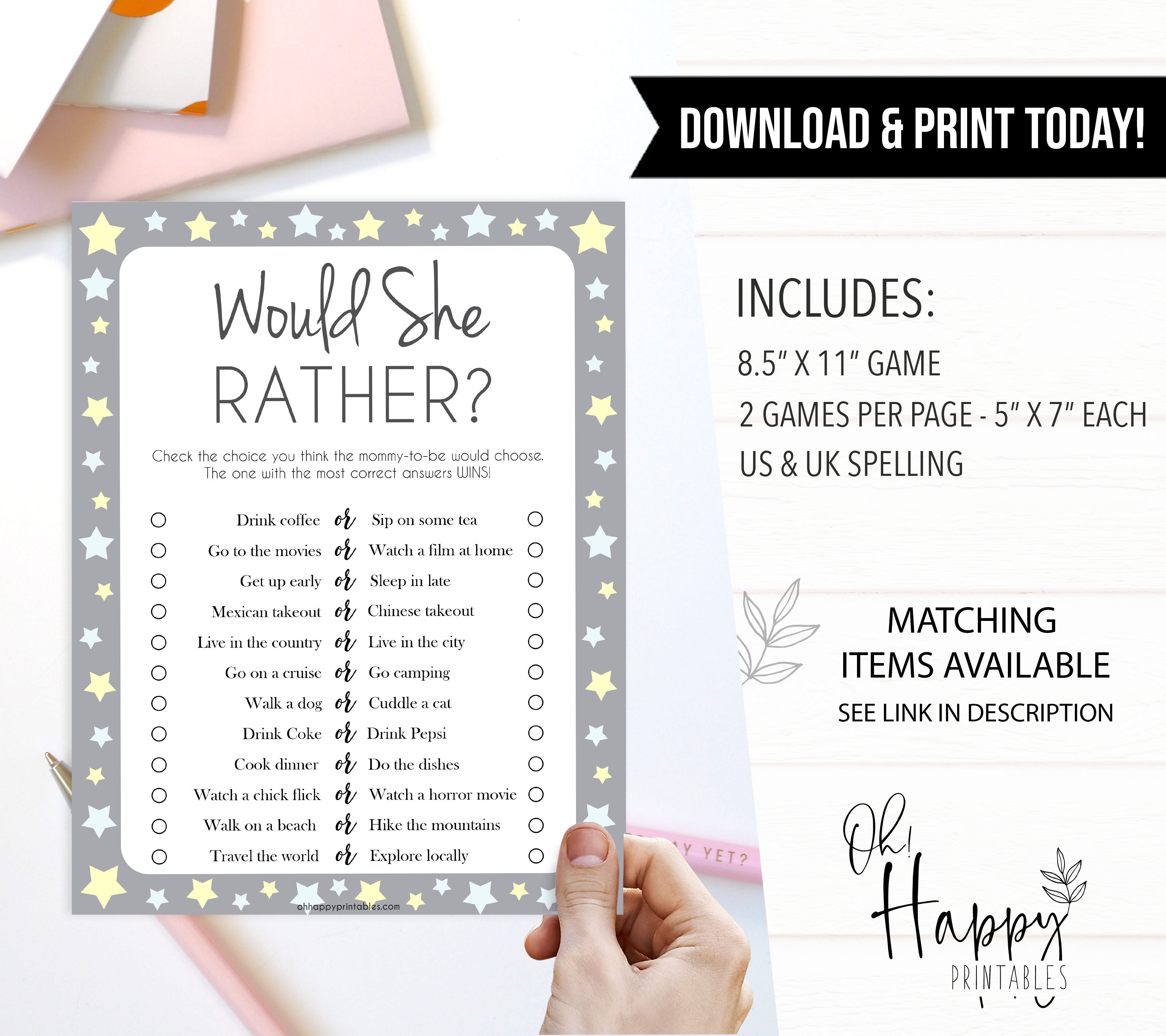 grey & yellow stars, would she rather, printable baby shower games, fun baby games, top baby shower games, star baby games, little star baby shower