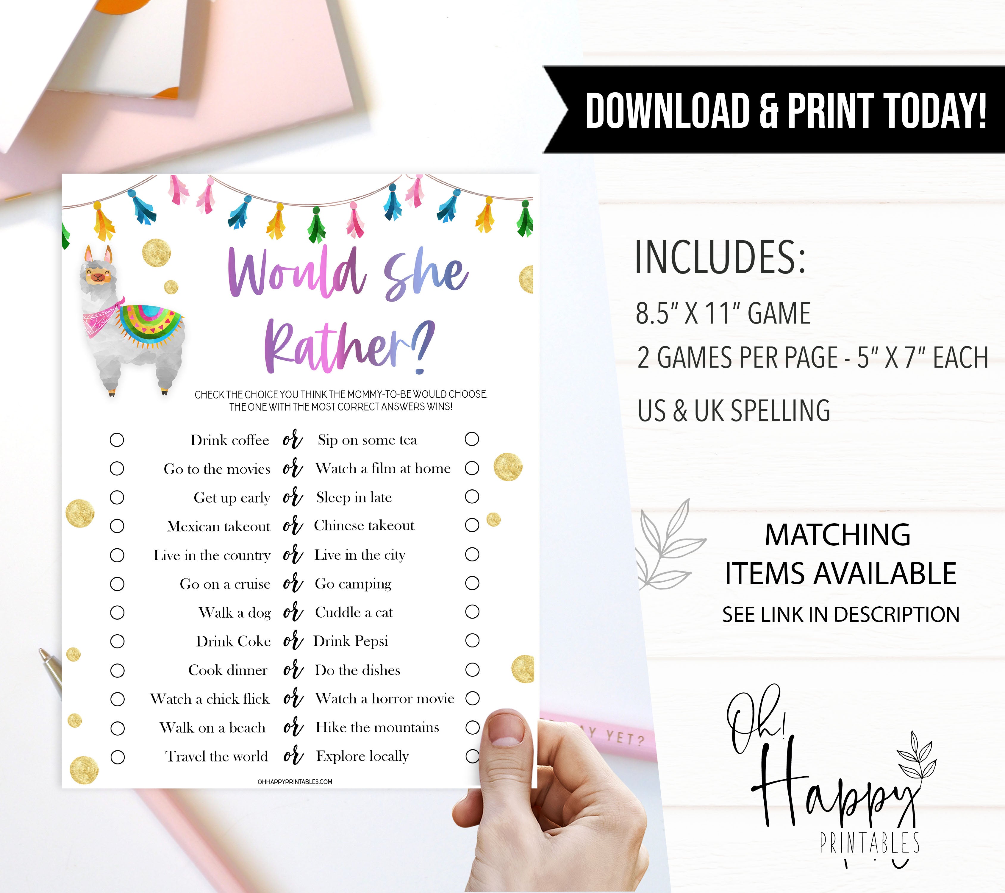baby shower would she rather, would she rather game, Printable baby shower games, llama fiesta fun baby games, baby shower games, fun baby shower ideas, top baby shower ideas, Llama fiesta shower baby shower, fiesta baby shower ideas