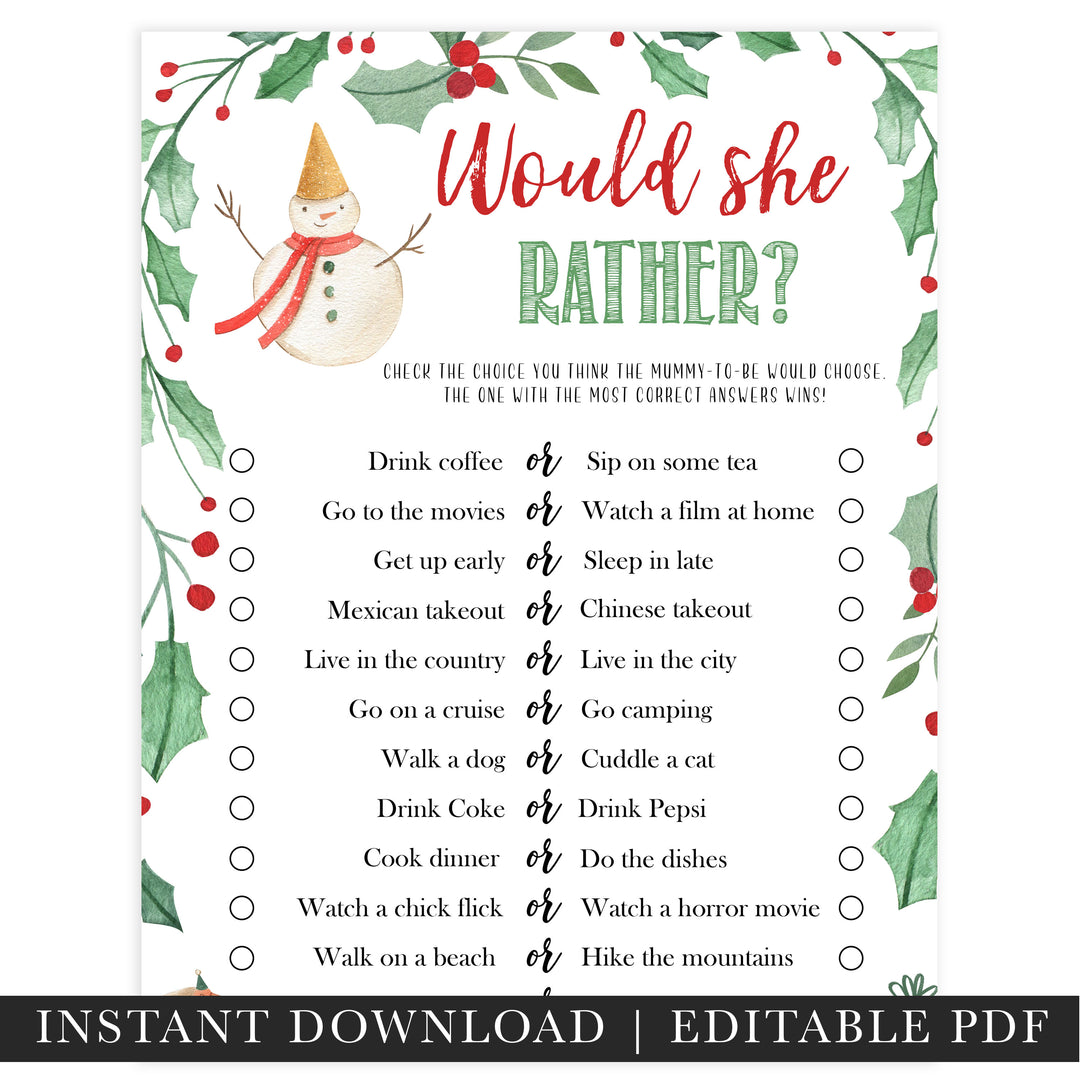 Christmas baby shower games, Would She Rather, festive baby shower games, best baby shower games, top 10 baby games, baby shower ideas, baby shower games