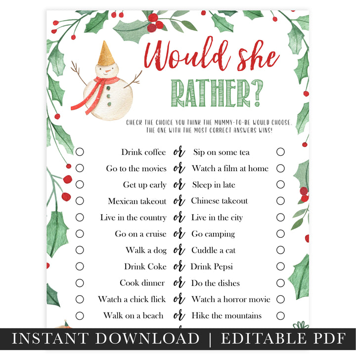 Christmas baby shower games, Would She Rather, festive baby shower games, best baby shower games, top 10 baby games, baby shower ideas, baby shower games