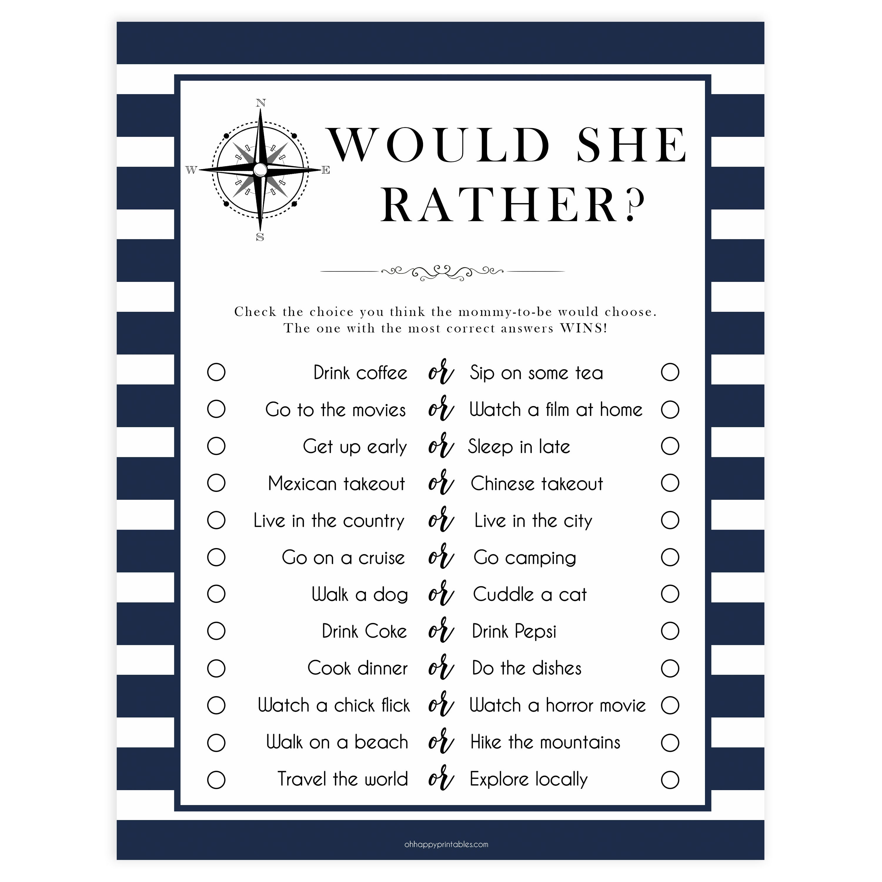 Would She Rather - Printable Nautical Baby Shower Games