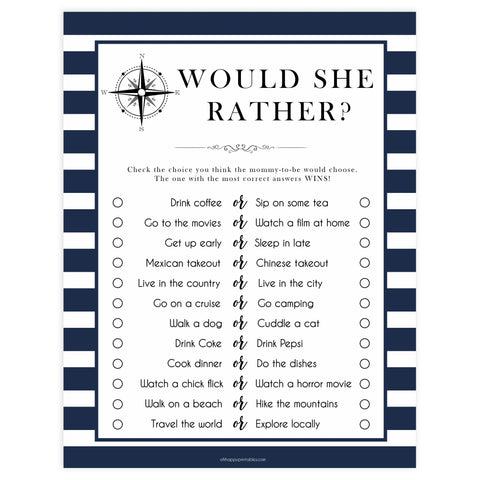 Would She Rather game, would she rather printable, Printable baby shower games, nautical baby shower games, nautical baby games, fun baby shower games, top baby shower ideas