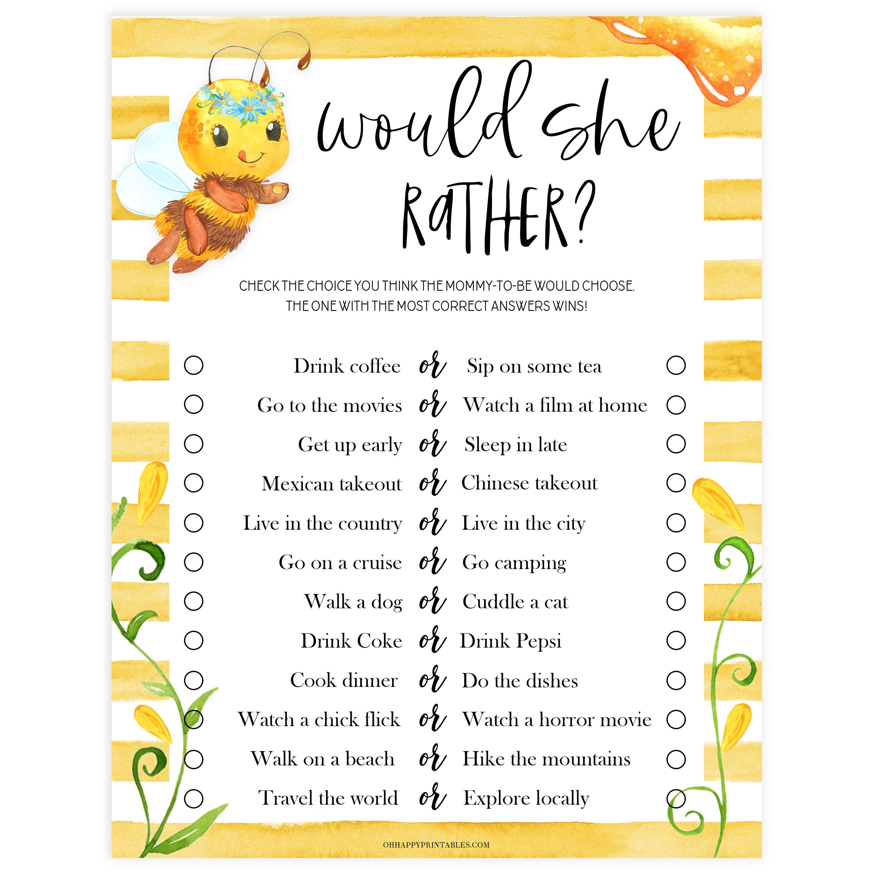 would she rather baby game, would she rather, Printable baby shower games, mommy bee fun baby games, baby shower games, fun baby shower ideas, top baby shower ideas, mommy to bee baby shower, friends baby shower ideas