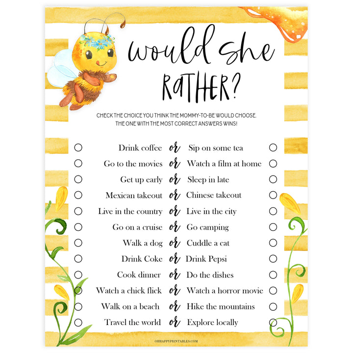 would she rather baby game, would she rather, Printable baby shower games, mommy bee fun baby games, baby shower games, fun baby shower ideas, top baby shower ideas, mommy to bee baby shower, friends baby shower ideas