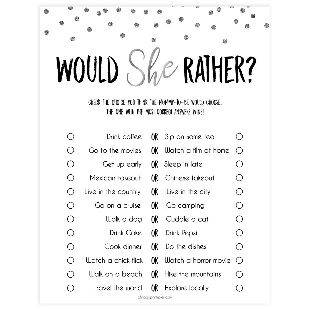 baby would she rather, would she rather game, Printable baby shower games, baby silver glitter fun baby games, baby shower games, fun baby shower ideas, top baby shower ideas, silver glitter shower baby shower, friends baby shower ideas